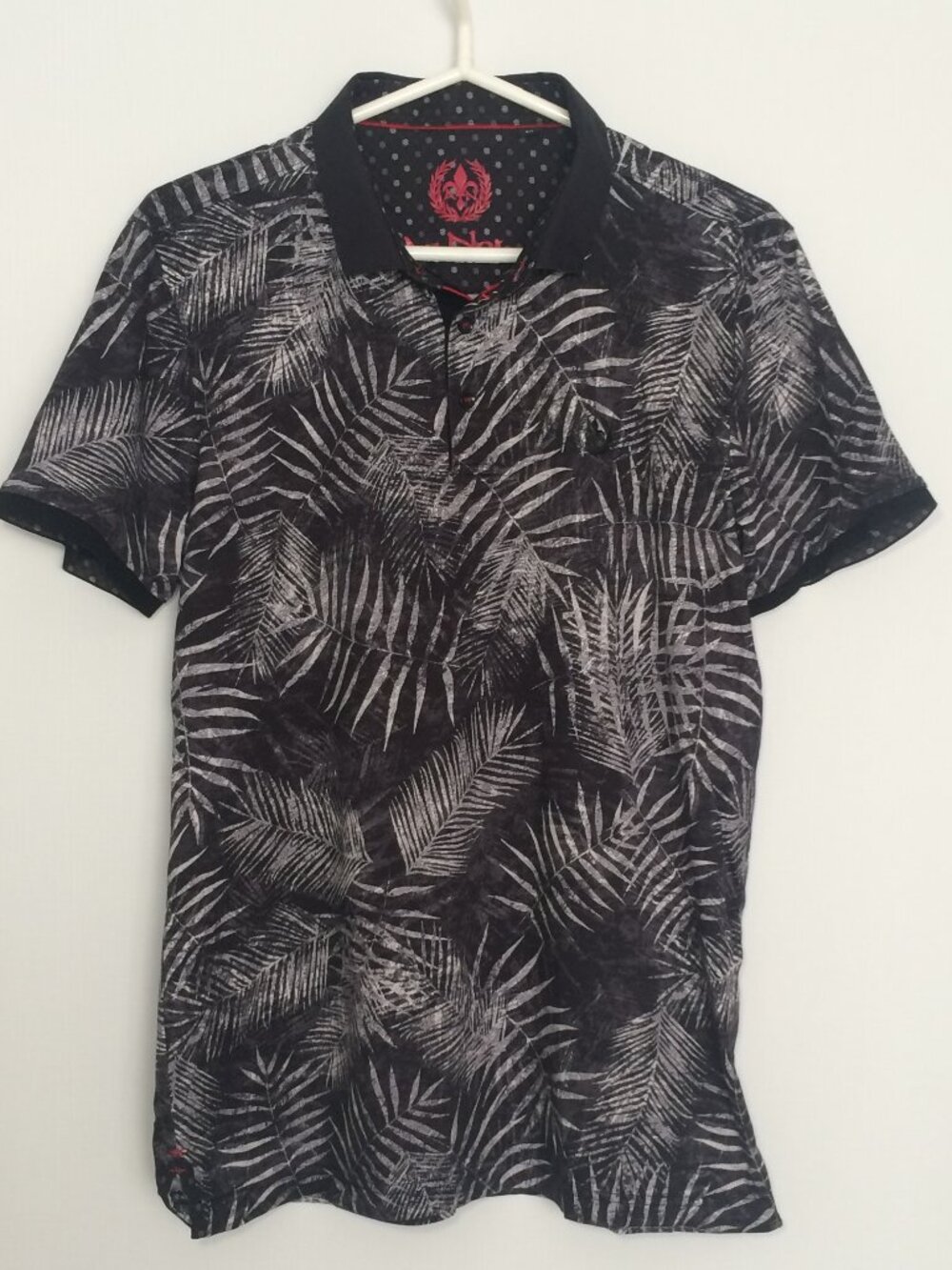 Au Noir Mens Polo Shirt Sz 4 Large Black White Leaf Pattern Logo Short Sleeve